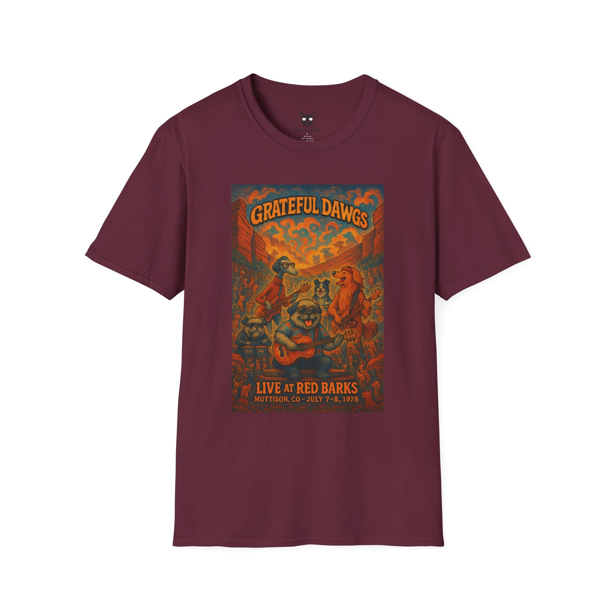 Grateful Dead Concert Poster Dog Parody Unisex Softstyle T-Shirt – Funny Tee for Music and Dog Lovers